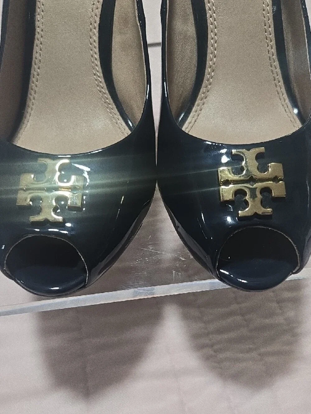 Tory Burch Navy Patent Peep-Toe Wedge with Gold Logo Accent